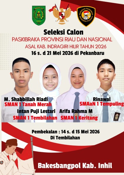 M. Shabbillah Riadi asal SMA Negeri 1 Tanah Merah, Intan Puji Lestari asal SMA Negeri 1 Tembilahan, Arifa Rahma asal SMA Negeri 1 Keritang dan Rinawal dari SMA Negeri 1 Tempuling, ialah Putera - Puteri terbaik asal Indragiri 