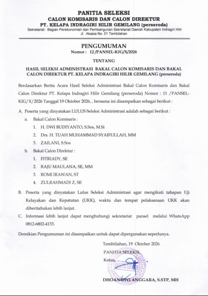 Pansel Umumkan Hasil Seleksi Administrasi Calon Komisaris dan Direktur PT KIG
