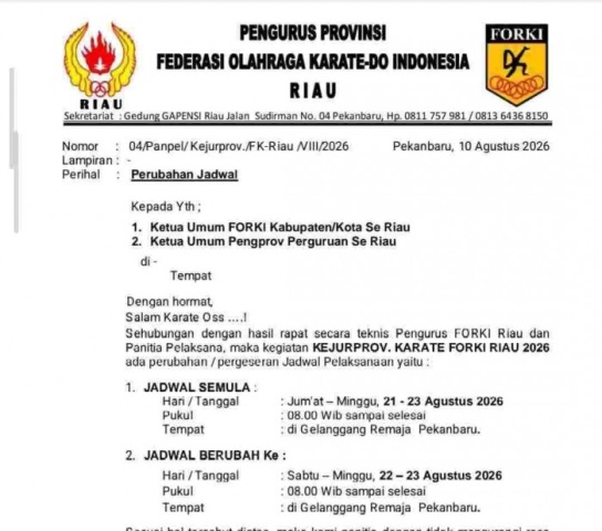 FORKI Riau Resmi Ubah Jadwal Kejurprov Karate 2026