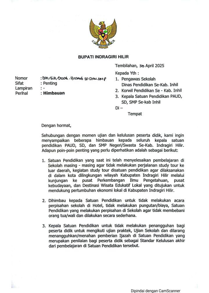 Bupati Inhil Larang Sekolah Gelar Perpisahan Mewah dan Study Tour