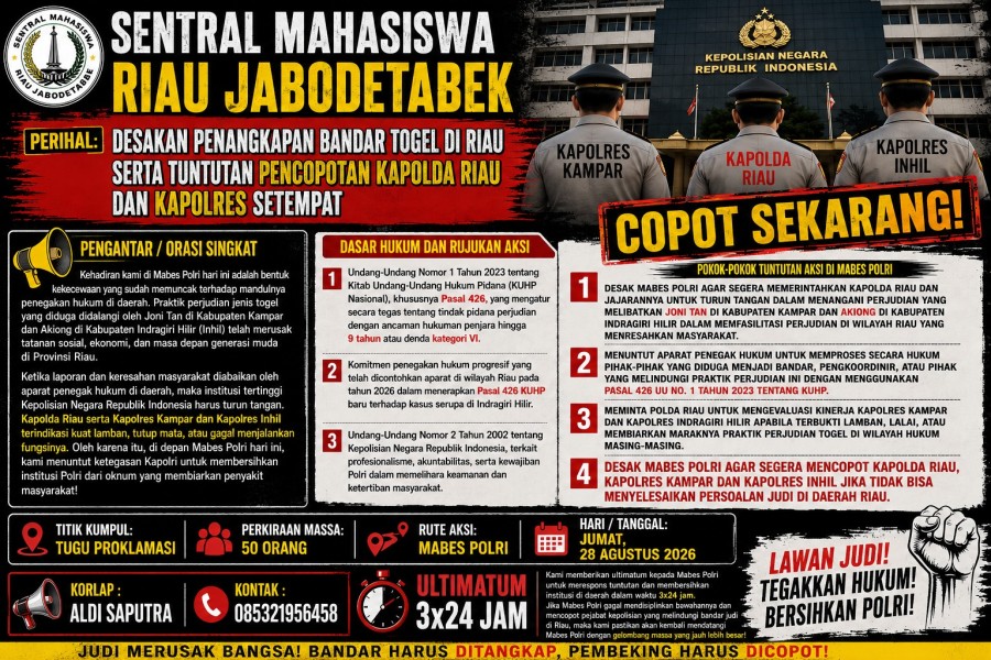 SENTRAL MAHASISWA RIAU JABODETABEK GELAR AKSI DI MABES POLRI, DESAK PENANGANAN DUGAAN PERJUDIAN TOGEL DI RIAU