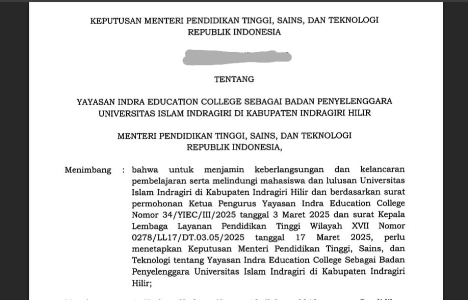 Yayasan Indra Education College Terima SK Badan Penyelenggara dari Direktorat Jenderal Pendidikan Tinggi