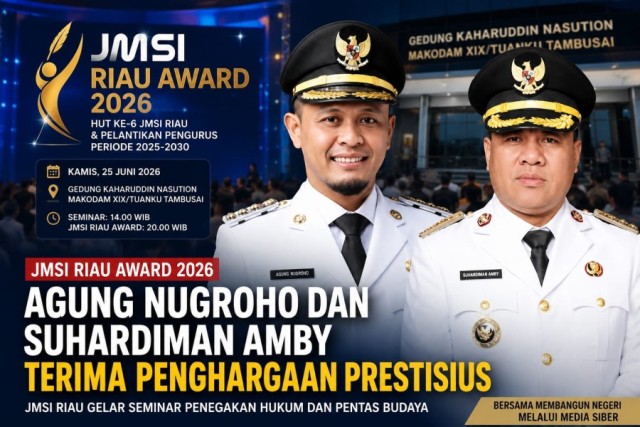 Agung Nugroho dan Suhardiman Amby Terima JMSI Riau Award 2026, HUT JMSI Dimeriahkan Seminar dan Pentas Budaya