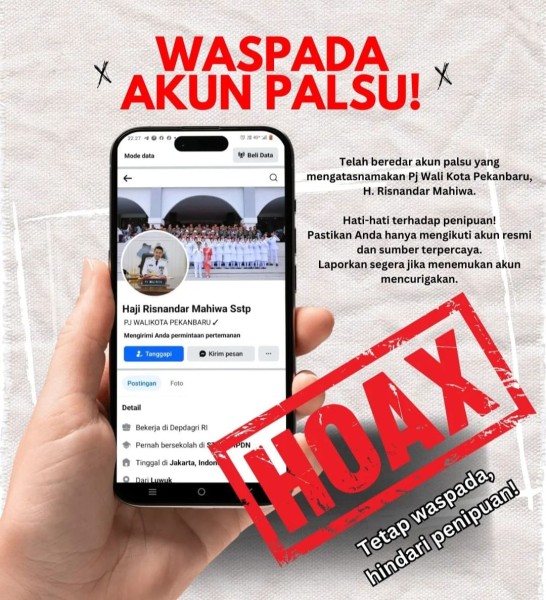 Waspadai Akun Palsu Mencatut Nama dan Foto Pj Wako Risnandar Mahiwa