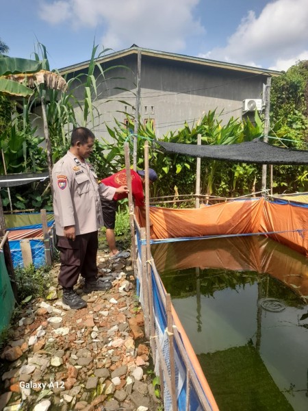 Bhabinkamtibmas Desa Pengalihan Sambangi Kolam Ikan Warga Dukung Ketahanan Pangan