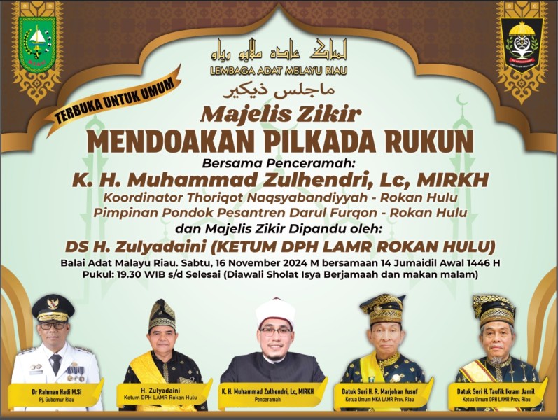 Mewujudkan Kondisi yang Sejuk dan Damai saat Pilkada Gubernur dan Wakil Gubernur Riau, LAM Riau Gelar Majelis Zikir dan Doa