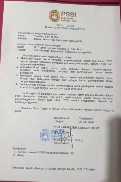 Ketua Komite Hukum PSSI Kabupaten Inhil Rilis Telaah Penyelenggaraan Bupati CUP 2026