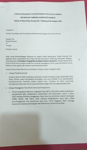 Kades Jhonery Tidak Memenuhi Harapan Masyarakat, Minta Bupati Hentikan dari Jabtan Kades