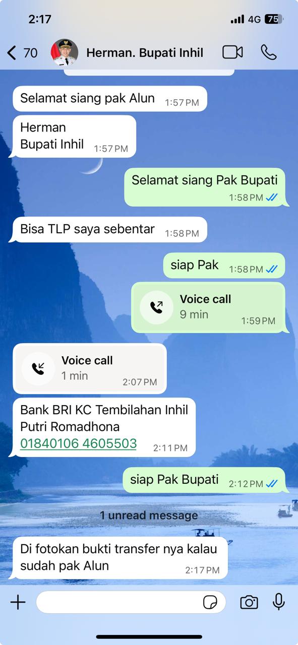 Aksi Penipu Mengatasnamakan Bupati Inhil Terjadi di WhatsApp, Herman Tegaskan Bukan Dirinya