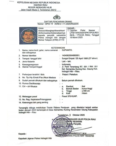 Polres Inhil Tetapkan Supianto Warga Gaung Sebagai DPO Kasus Penipuan Jual Beli Lahan