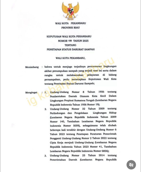 Pj Wako Pekanbaru Tetapkan Status Darurat Sampah Hingga 21 Januari 2025